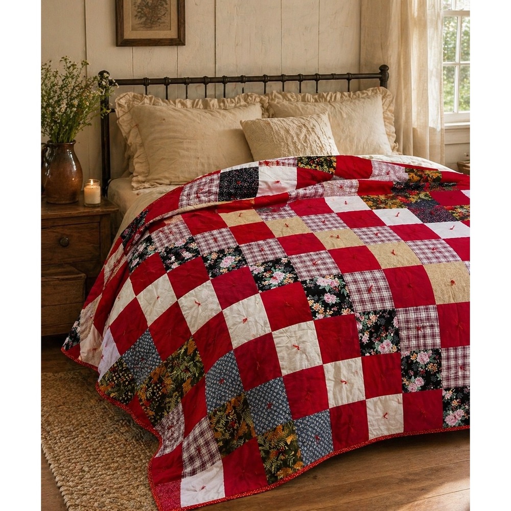 Handmade Patchwork Quilt 60x72 Red Cottage Floral Plaid Twin Topper Throw‎
